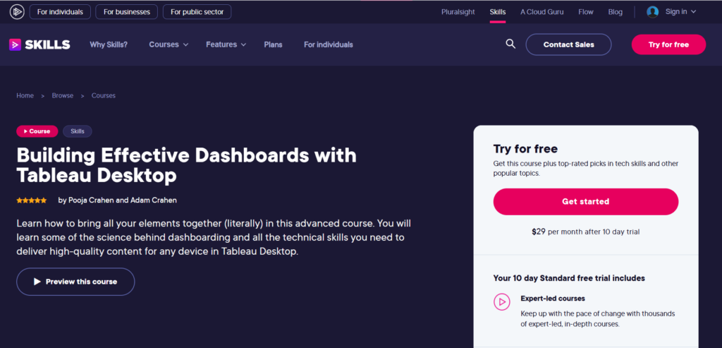 The Building Effective Dashboards with Tableau Desktop course screenshot