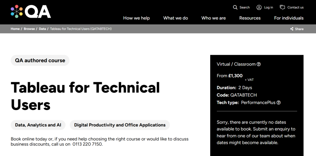 Screenshot of The Tableau for Technical Users course landing page