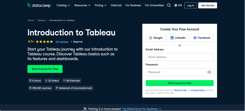 Screenshot of the Introduction to Tableau course website