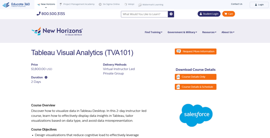 The Tableau Visual Analytics (TVA101) course screenshot