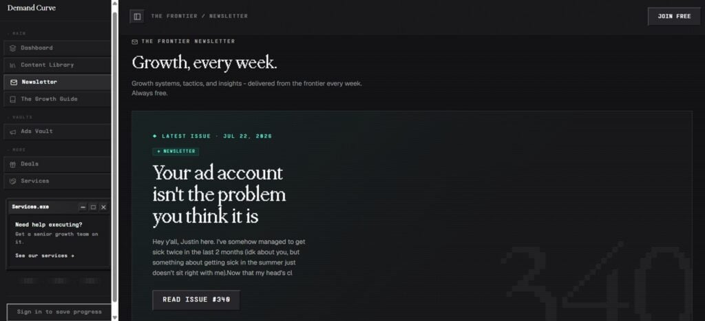 The newsletter sign up page and archive of The Frontier
