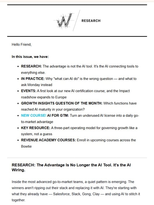Screenshot of the sample Winning by Design Research newsletter