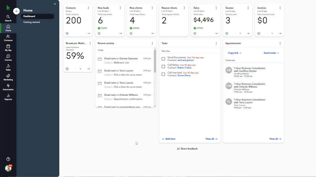 Screenshot of Keap CRM dashboard showing key features such as updates on number of contacts, new leads, new clients, repeat clients, sales, quotes, and invoiced amount. The dashboard also displays a recent activity feed, appointment reminders, and a task overview and checklist.