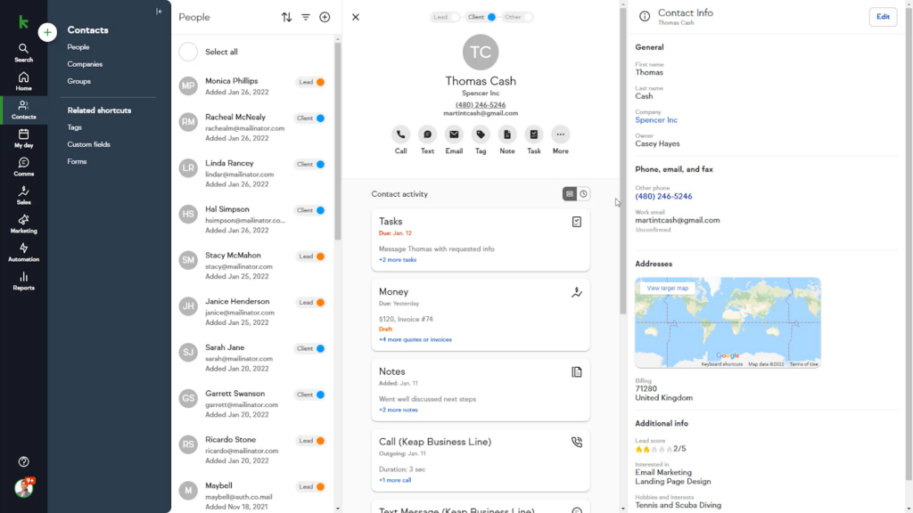 Screenshot of Keap CRM contacts page displaying a list of contacts with details like names, email addresses, phone numbers, and recent activity status. One contact is selected, showing the contact's extended information, including billing address, company, professional interests, and personal hobbies. The listing also includes notes, associated tasks, and any relevant money updates.