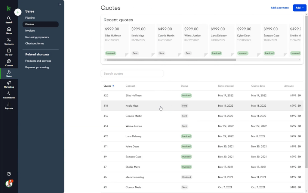 Screenshot of Keap CRM's quotes page showing a list of quotes with details like quote number, client names, quote status, date created, quote data, and amounts. A ribbon across the top displays quick summaries of recent quotes, including the amount, the contact, and the status.