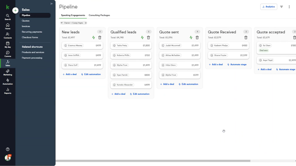 Screenshot of Keap's Pipeline page, with tabs to keep different product or services, such as speaking engagements and consulting packages, separate. Within each tab, there are cards for each stage of the pipeline, including New Leads, Qualified Leads, Quote Sent, Quote Received, and Quote Accepted. On each card is a list of client names and quote amounts.