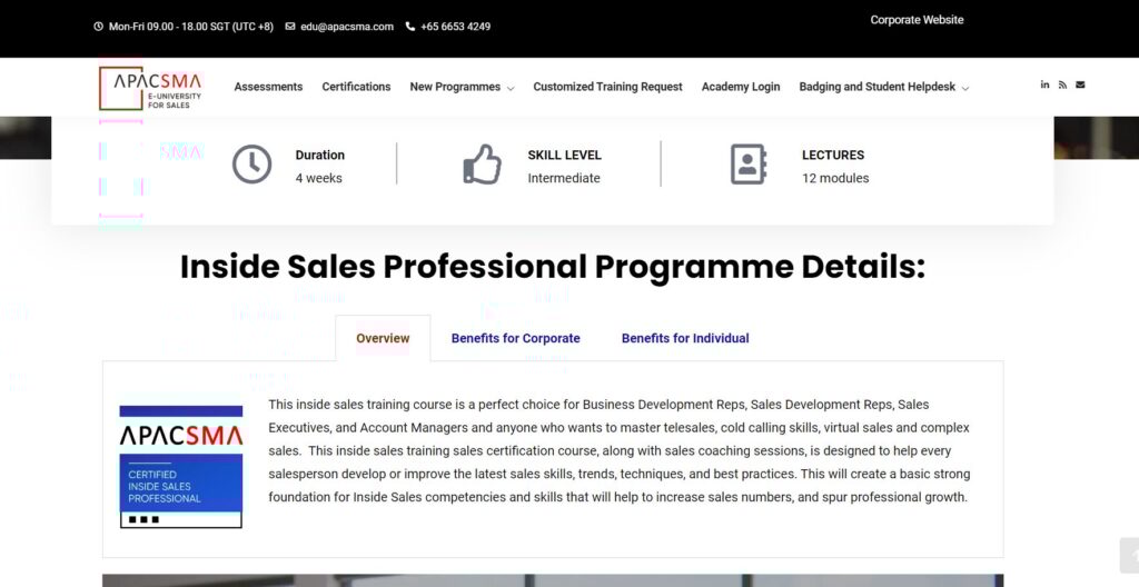 Website course page of Certified Inside Sales Professional