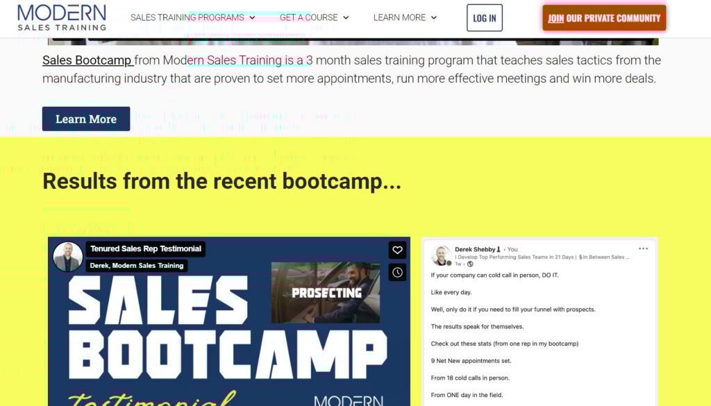Sales Bootcamp course landing page screenshot