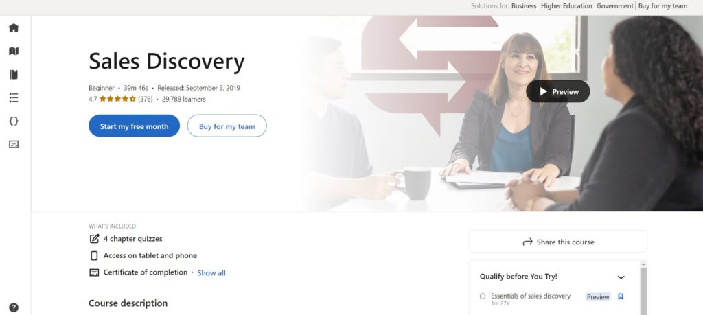 Course page screenshot of Sales Discovery
