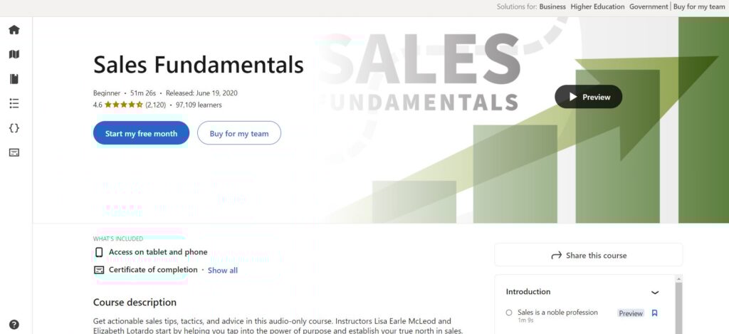 Sales Fundamentals Course webpage screenshot