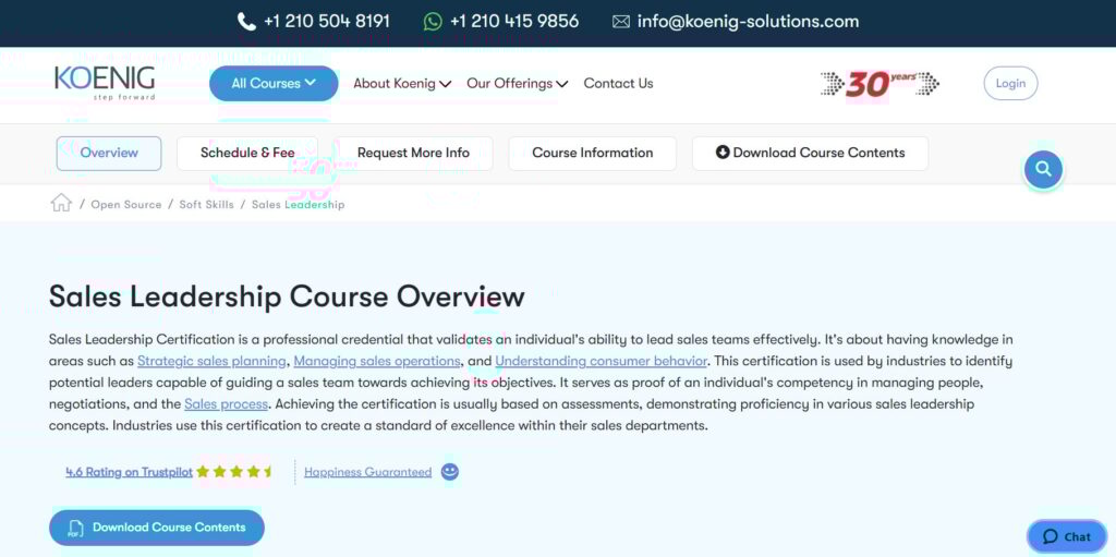 Website course page screenshot of Sales Leadership