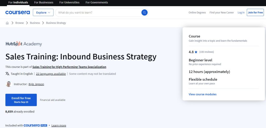 Sales Training: Inbound Business Strategy course page screenshot