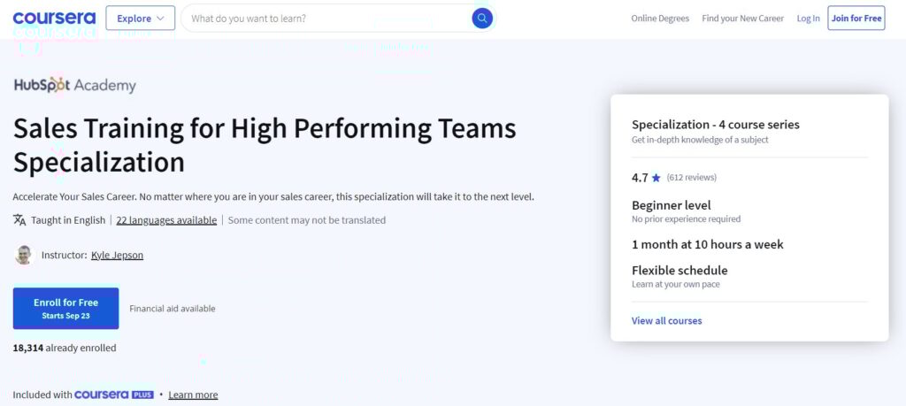 Sales Training for High Performing Teams Specialization course page screenshot