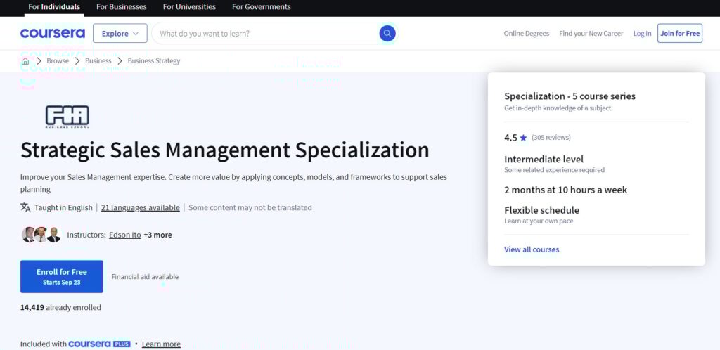 Strategic Sales Management Specialization course webpage screenshot