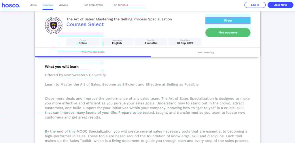 Website course page screenshot of The Art of Sales: Mastering the Selling Process Specialization