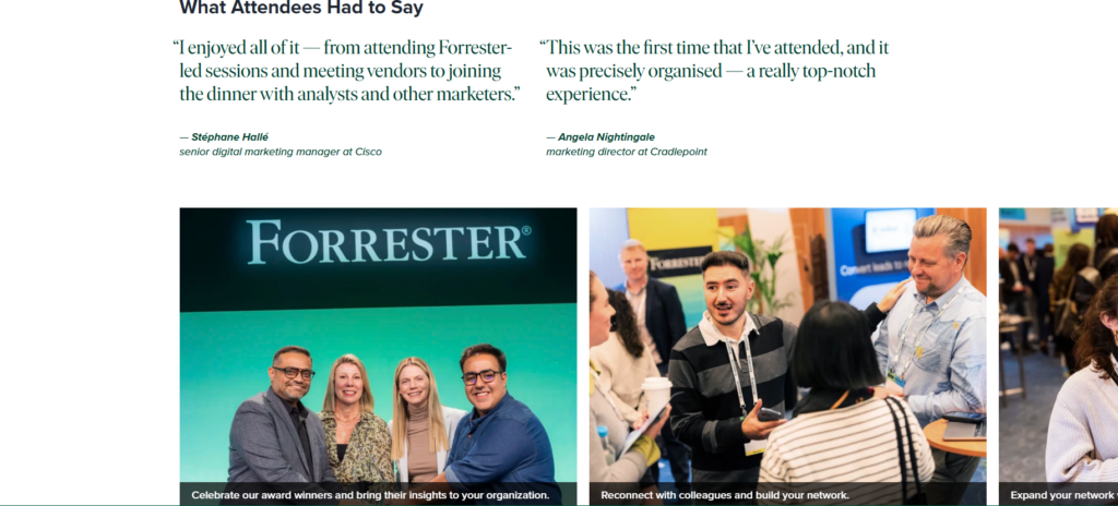 Forrester event testimonials section with attendee quotes and photos