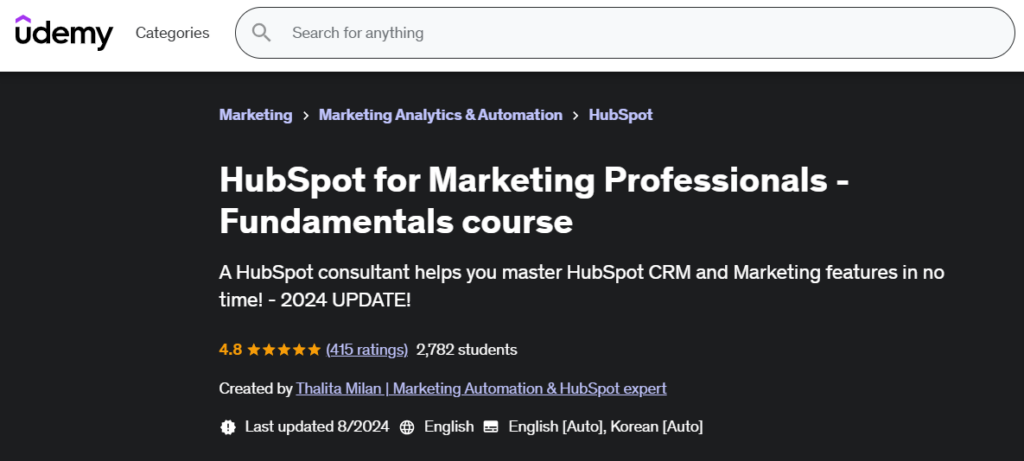 HubSpot for Marketing Professionals course page