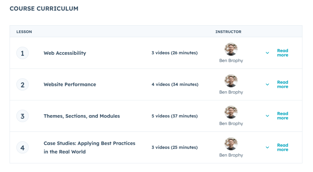 HubSpot CMS Best Practices for Dev course curriculum page