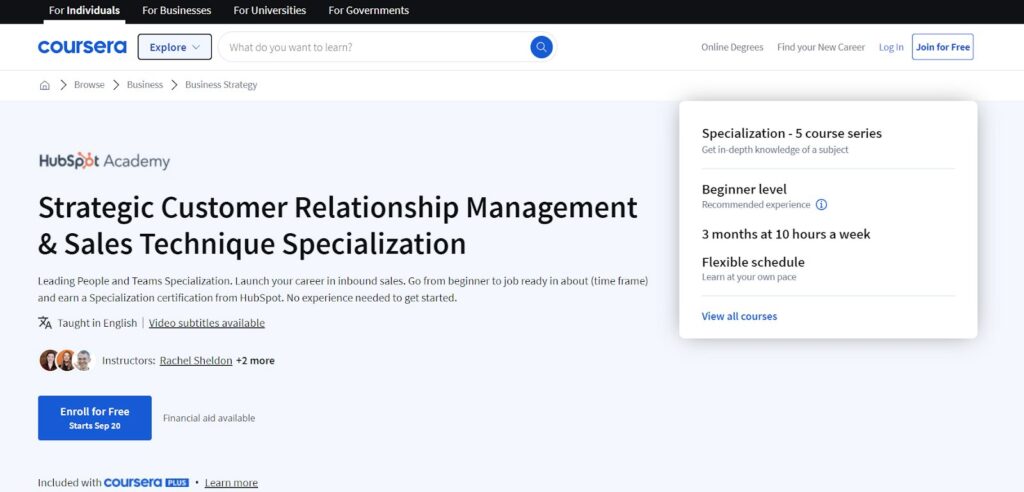 Course page screenshot of Strategic Customer Relationship Management & Sales Technique Specialization