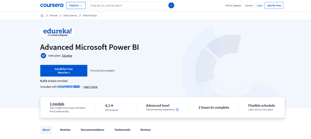 Advanced Microsoft Power BI course webpage screenshot