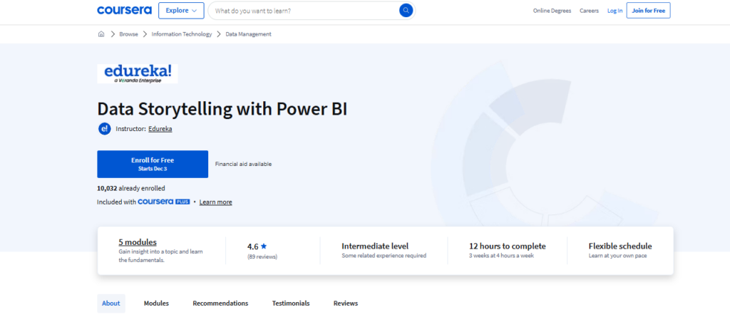 Data Storytelling with Power BI course landing page screenshot