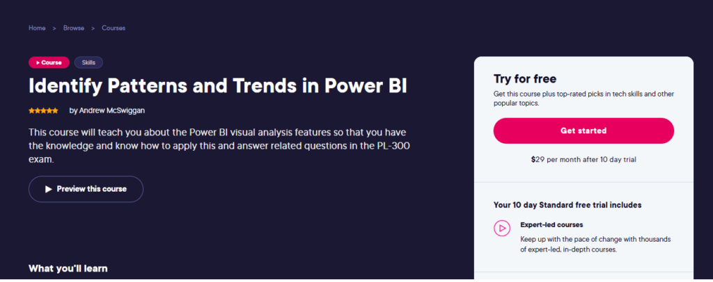 Identify Patterns and Trends in Power BI course landing page screenshot