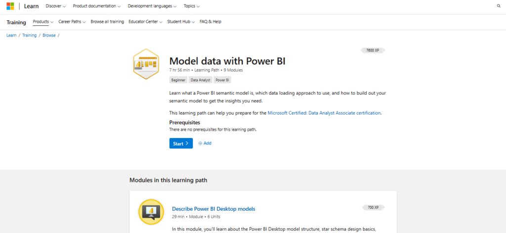Model Data with Power BI course website page screenshot