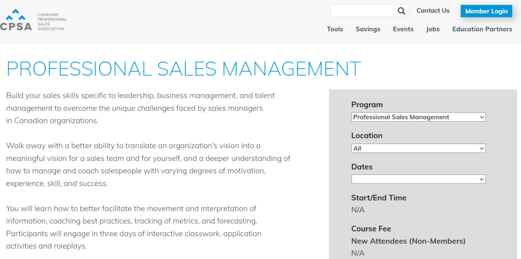 Professional Sales Management course landing page