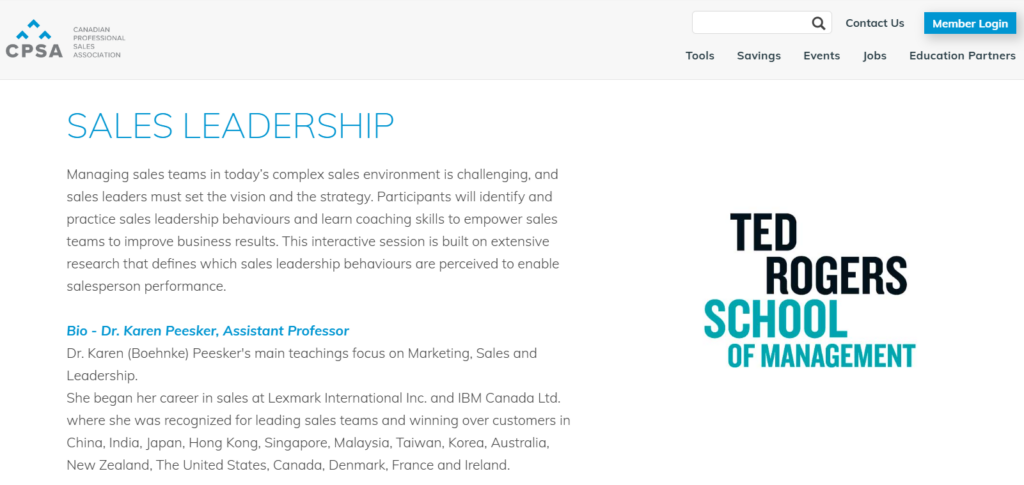 Screenshot of the landing page for Sales Leadership course