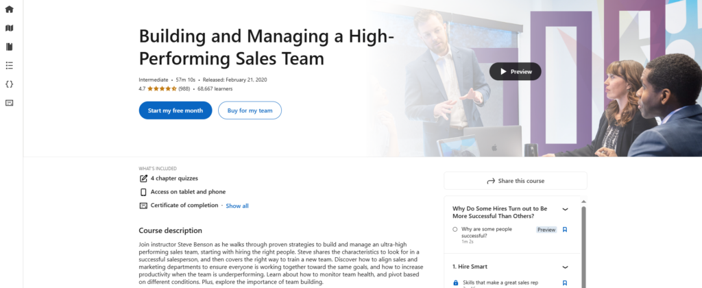 Building and Managing a High-Performing Sales Team, a sales leadership course