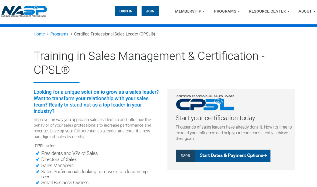 Training in Sales Management & Certification - CPSL®, a sales leadership course