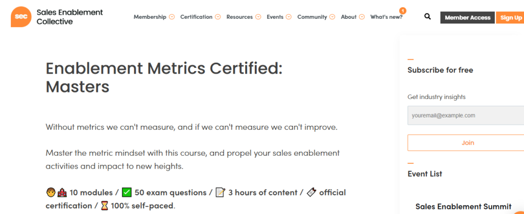 A screenshot of the Enablement Metrics Certified: Masters landing page