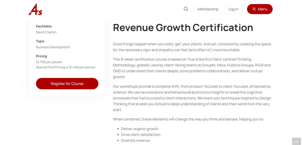 Page Screenshot of the Revenue Growth Certification