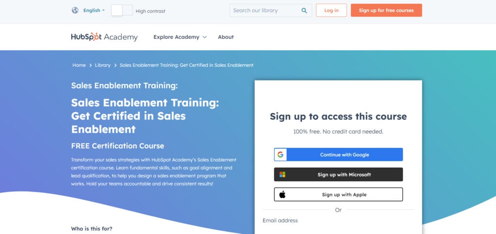 Sales Enablement Certification page screenshot
