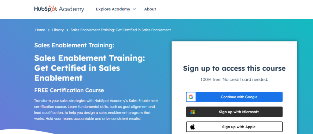 A screenshot of the landing page for the Sales Enablement Certification Course