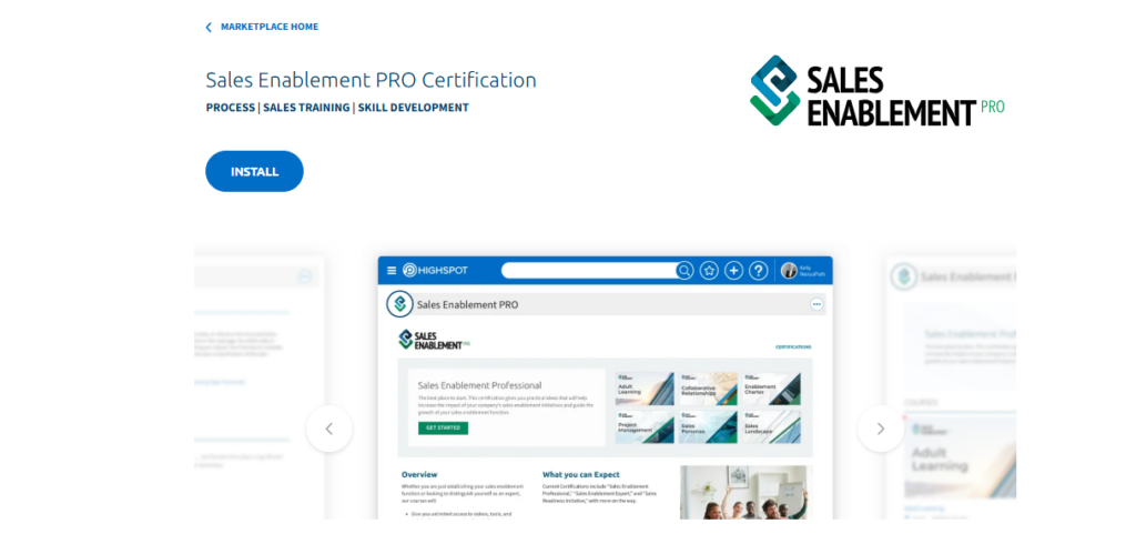 A screenshot of the landing page for the Sales Enablement PRO Certification