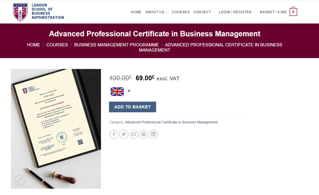 The Advanced Professional Certificate in Business Management landing page