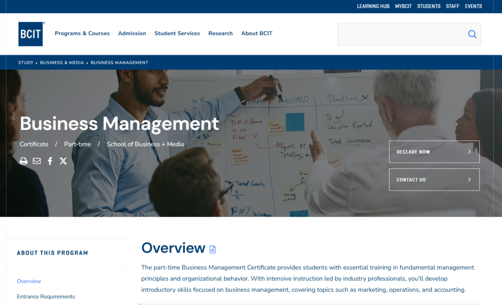 The Business Management Certificate overview page
