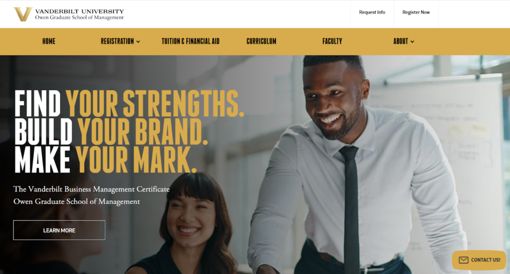 The Business Management Certificate landing page