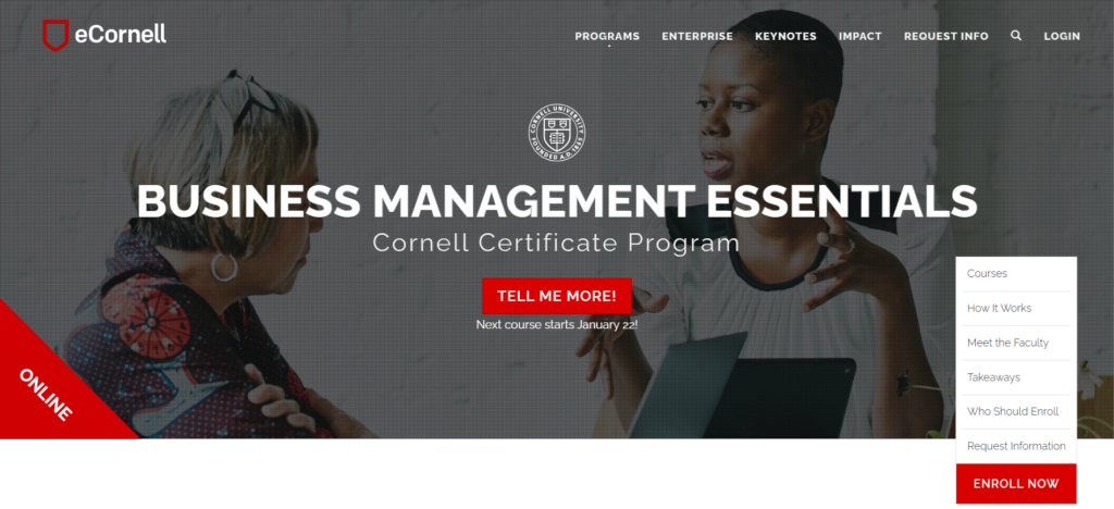 The Business Management Essentials certification landing page