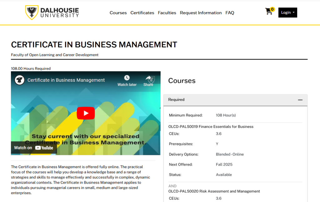 The Certificate in Business Management overview page