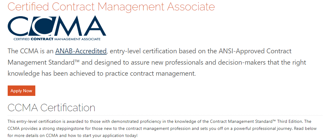 Certified Contract Management Associate (CCMA) certification overview page