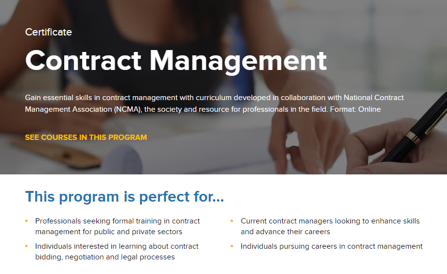 Contract Management Certificate Program landing page