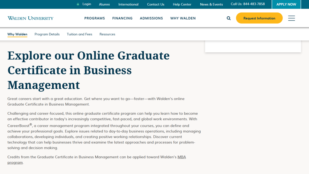 The Graduate Certificate in Business Management overview page