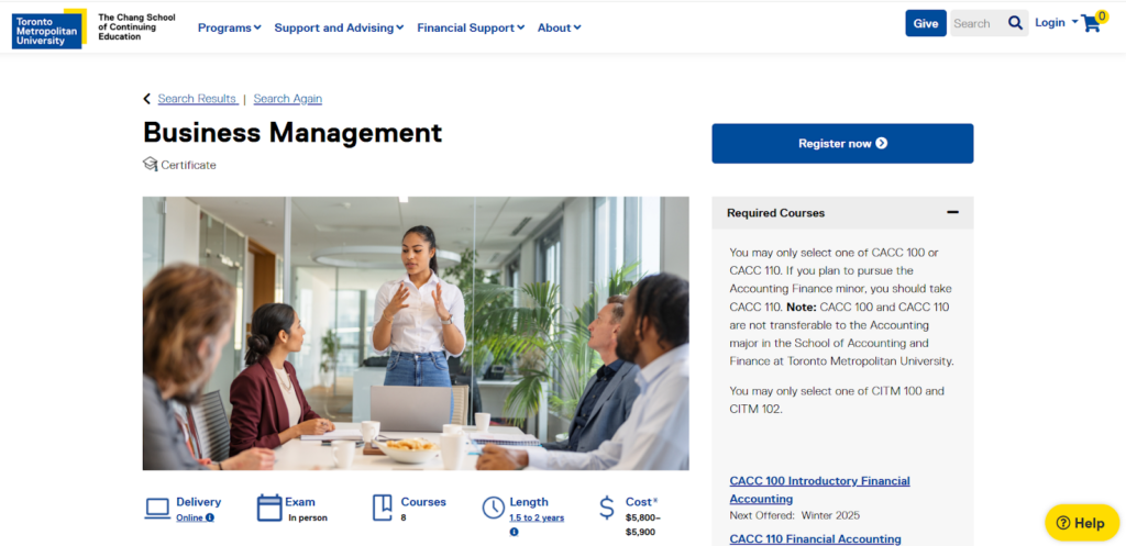 The Business Management Certification overview page