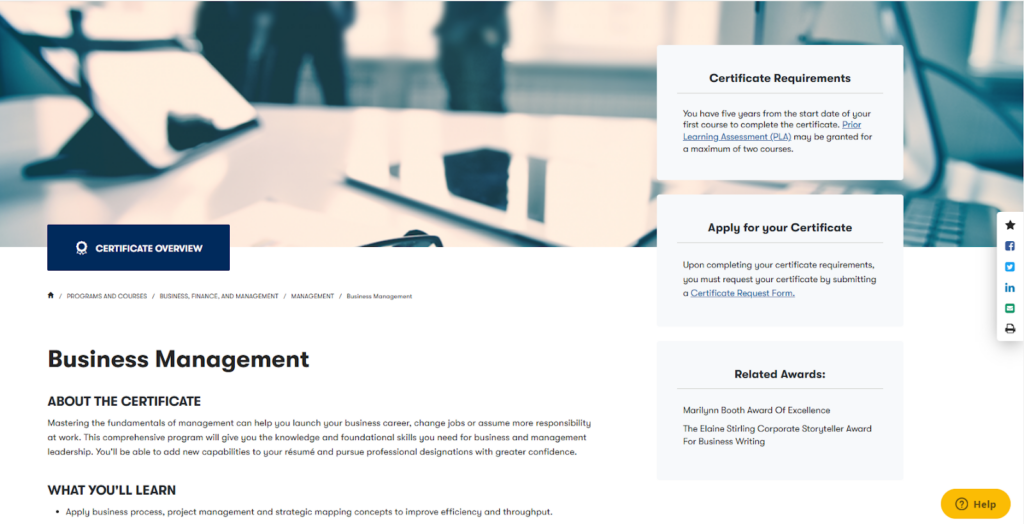 The Business Management Certification overview page