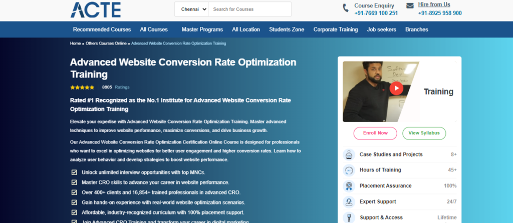 A screenshot of the landing page for the Advanced Website Conversion Rate Optimization Training certification