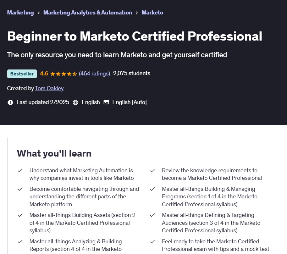 Beginner to Marketo Certified Professional Course website page screenshot