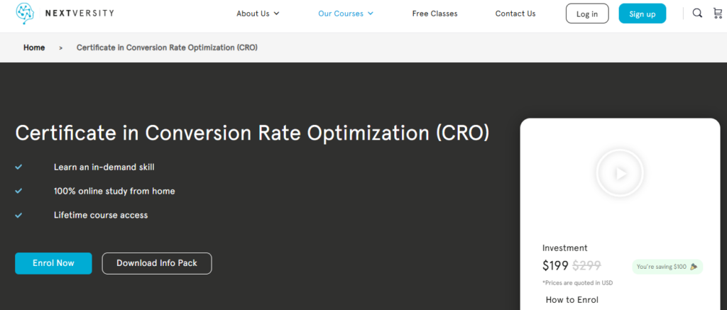 The Certificate in Conversion Rate Optimization landing page