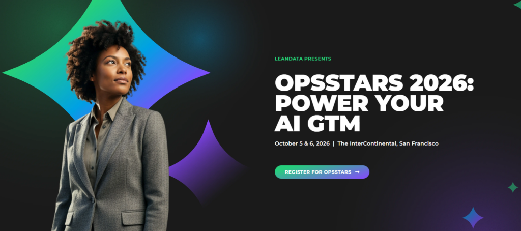 OpsStars 2026 event banner by LeanData featuring a professional woman, dark gradient background, “Power Your AI GTM” headline, October 5–6, 2026 date, and San Francisco venue details